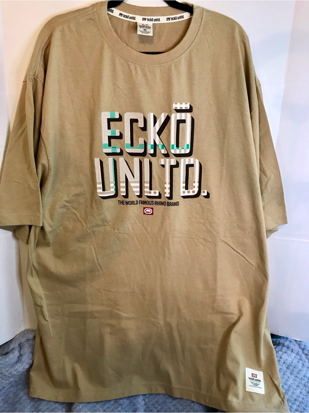 Ecko Unlimited Tan Graphic Logo Tee with Teal Accents